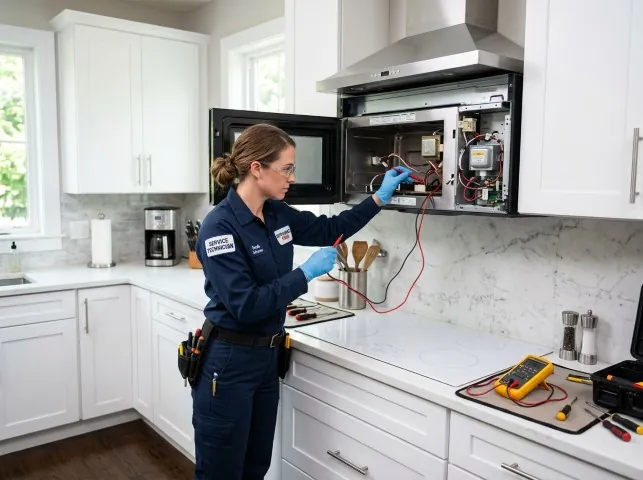 Appliance Repair Hero technician testing an over-the-range microwave in a Boyd, TX kitchen